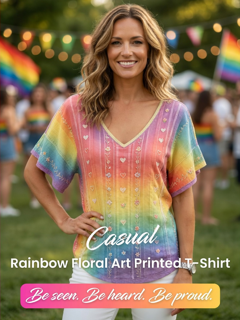 Women's Rainbow Floral Art Printed T-Shirt